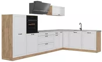 VICCO R-Line Eckk&uuml;che wei&szlig; Landhaus/Goldkraft Eiche, Arbeitsplatte Marmor, 347cm (40353)