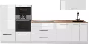 VICCO Fame-Line K&uuml;chenzeile wei&szlig; Hochglanz/wei&szlig;, 340cm, AP Eiche (64543)