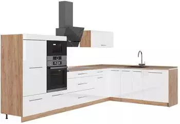 VICCO Fame-Line Eckk&uuml;che wei&szlig; Hochglanz/Goldkraft Eiche 347x207cm (63614)