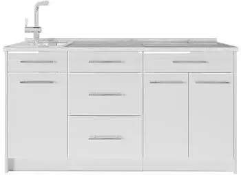 VICCO Fame-Line K&uuml;chenzeile 150cm, wei&szlig; Hochglanz/wei&szlig;, Arbeitsplatte Marmor (65331)