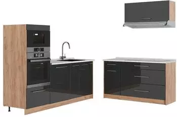 VICCO Fame-Line K&uuml;chenzeile Anthrazit Hochglanz/Goldkraft Eiche, 340cm, Arbeitsplatte Marmor (63891)