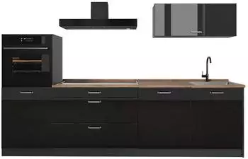 VICCO R-Line K&uuml;chenzeile 280cm, schwarz Hochglanz/Anthrazit, Arbeitsplatte Goldkraft Eiche (66474)