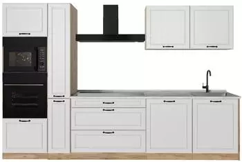 VICCO R-Line K&uuml;chenzeile Wei&szlig; Landhaus/Goldkraft Eiche 310cm, Arbeitsplatte Marmor (67952)