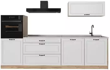 VICCO R-Line K&uuml;chenzeile wei&szlig; Landhaus/Goldkraft Eiche 280cm Arbeitsplatte Marmor (67988)