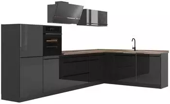 VICCO R-Line Eckk&uuml;che Anthrazit Hochglanz/Anthrazit, Arbeitsplatte Goldkraft Eiche, 347x143x60cm (66822)