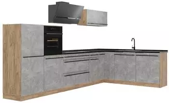 VICCO R-Line Eckk&uuml;che Beton/Goldkraft Eiche 347x143x46cm ohne Arbeitsplatte (67608)
