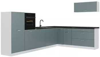 VICCO R-Line Eckk&uuml;che blau-grau/wei&szlig;, Arbeitsplatte anthrazit, 327x143x60cm