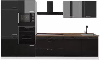 VICCO R-Line K&uuml;chenzeile 340cm, Schwarz Hochglanz/Wei&szlig;, Arbeitsplatte Goldkraft Eiche (66590)