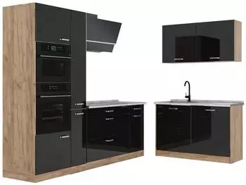 VICCO R-Line Eckk&uuml;che Schwarz Hochglanz/Goldkraft Eiche, 230x120cm, Arbeitsplatte Marmor (66731)