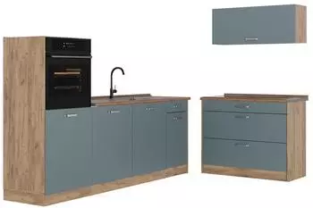 VICCO R-Line K&uuml;chenzeile blau-grau/Goldkraft Eiche 220cm (67434)