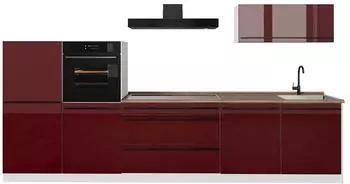VICCO R-Line K&uuml;chenzeile rot hochglanz/wei&szlig; 340cm Arbeitsplatte Goldkraft Eiche (66542)