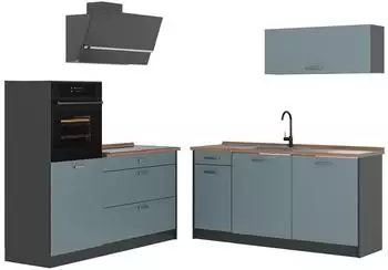 VICCO R-Line K&uuml;chenzeile blau-grau/anthrazit, Arbeitsplatte Goldkraft Eiche, 160cm (66906)