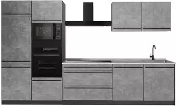 VICCO R-Line K&uuml;chenzeile Beton/Anthrazit 340cm, Arbeitsplatte Marmor (67331)