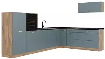 VICCO R-Line Eckk&uuml;che blau-grau/Goldkraft Eiche 327x143x46cm ohne Arbeitsplatte (67568)