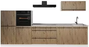 VICCO R-Line K&uuml;chenzeile Artisan-Eiche/Wei&szlig; 340cm Arbeitsplatte Marmor (67311)