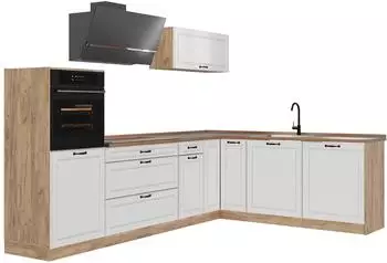 VICCO R-Line Eckk&uuml;che Wei&szlig; Landhaus/Goldkraft Eiche, 287x206,8x60cm