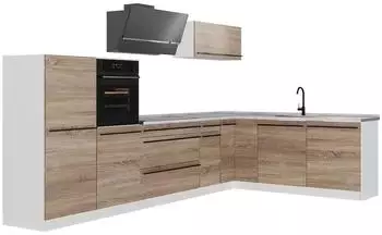VICCO R-Line Eckk&uuml;che Sonoma/wei&szlig;, Marmorarbeitsplatte 347x143x60cm (67631)