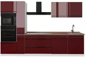 VICCO R-Line K&uuml;chenzeile rot hochglanz/wei&szlig;, 310cm, Arbeitsplatte Goldkraft Eiche (66454)