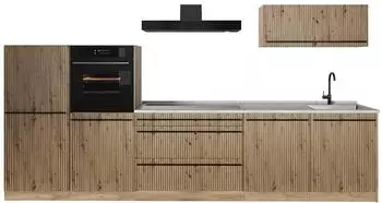 VICCO R-Line K&uuml;chenzeile Artisan-Eiche/Goldkraft Eiche, 340cm, Arbeitsplatte Marmor (67295)