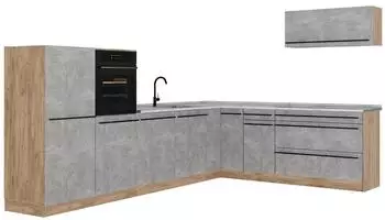 VICCO R-Line Eckk&uuml;che Beton/Goldkraft Eiche, Arbeitsplatte Marmor, 327x143x60cm (67563)