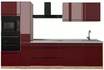 VICCO R-Line K&uuml;chenzeile 310cm, rot hochglanz/Goldkraft Eiche, Arbeitsplatte Marmor (66443)