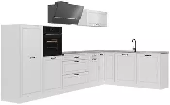 VICCO Eckk&uuml;che R-Line Wei&szlig; Landhaus/Wei&szlig;, Arbeitsplatte Marmor, 347x143x60cm