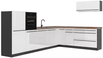 VICCO R-Line Eckk&uuml;che wei&szlig; Hochglanz/Anthrazit, Arbeitsplatte Eiche, 327x143x60cm