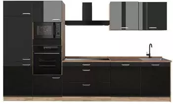 VICCO R-Line K&uuml;chenzeile 340cm schwarz Hochglanz/Goldkraft Eiche (66578)