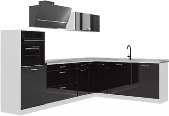 VICCO R-Line Eckk&uuml;che schwarz Hochglanz/wei&szlig;, Marmorarbeitsplatte, 287x206,8x60cm (66771)