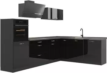 VICCO R-Line Eckk&uuml;che Schwarz Hochglanz/Anthrazit, Arbeitsplatte Marmor, 287x206,8x60cm