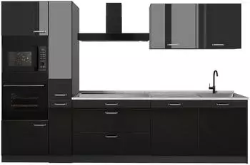 VICCO K&uuml;chenzeile R-Line schwarz Hochglanz/Anthrazit, Arbeitsplatte Marmor, 310cm