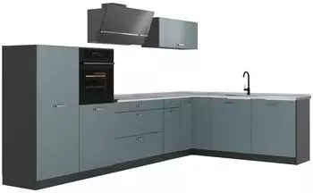 VICCO R-Line Eckk&uuml;che blaugrau/anthrazit, 347x143x46cm, ohne Arbeitsplatte (67600)