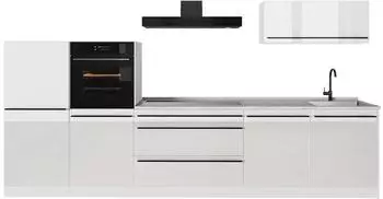 VICCO R-Line K&uuml;chenzeile 340cm, wei&szlig; hochglanz, Arbeitsplatte Marmor