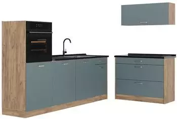 VICCO R-Line K&uuml;chenzeile blau-grau/Goldkraft Eiche 220cm, Arbeitsplatte Anthrazit