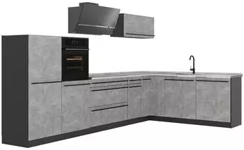 VICCO R-Line Eckk&uuml;che Beton/Anthrazit, Marmorarbeitsplatte, 347cm