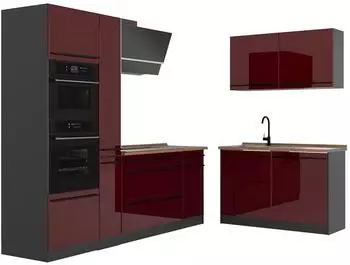 VICCO R-Line Eckk&uuml;che rot hochglanz/anthrazit, 230x120cm, Eiche (66710)