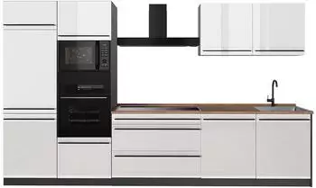 VICCO R-Line K&uuml;chenzeile 340cm wei&szlig; Hochglanz/Anthrazit, Arbeitsplatte Eiche (66566)