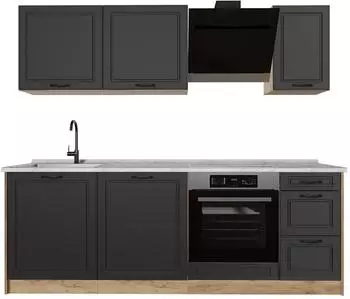 VICCO R-Line K&uuml;chenzeile Anthrazit Landhaus/Goldkraft Eiche 220cm, Arbeitsplatte Marmor