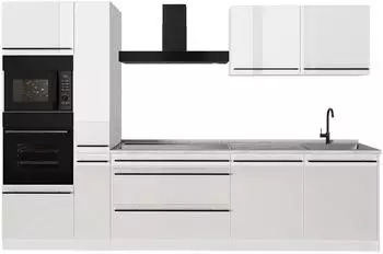 VICCO R-Line K&uuml;chenzeile 310cm wei&szlig; hochglanz, Arbeitsplatte Marmor (66463)