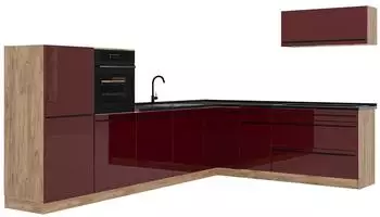 VICCO R-Line Eckk&uuml;che rot hochglanz/Goldkraft Eiche, Arbeitsplatte Anthrazit, 327x143x60cm