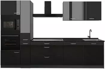 VICCO R-Line K&uuml;chenzeile 310cm schwarz Hochglanz/Anthrazit ohne Arbeitsplatte (66432)