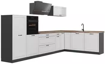 VICCO Eckk&uuml;che R-Line Wei&szlig; Landhaus/Anthrazit 347cm, Arbeitsplatte Eiche (R-Line)