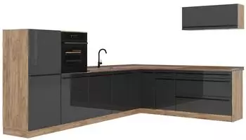 VICCO R-Line Eckk&uuml;che Anthrazit Hochglanz/Goldkraft Eiche 327x143x46cm ohne Arbeitsplatte (66796)