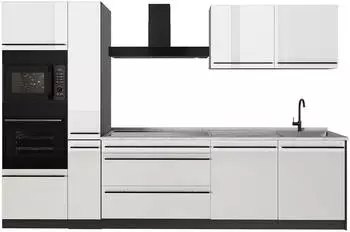 VICCO R-Line K&uuml;chenzeile 310cm, wei&szlig; Hochglanz/Anthrazit, Arbeitsplatte Marmor (66435)