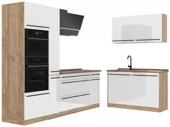 VICCO R-Line Eckk&uuml;che wei&szlig; Hochglanz/Goldkraft Eiche 230x120cm ohne Arbeitsplatte
