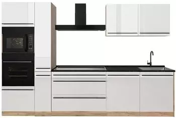 VICCO K&uuml;chenzeile R-Line wei&szlig; Hochglanz/Goldkraft Eiche 310cm, Arbeitsplatte Anthrazit