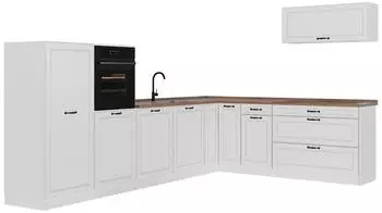 VICCO R-Line Eckk&uuml;che wei&szlig; Landhaus/wei&szlig;, 327cm, Arbeitsplatte Goldkraft Eiche (R-Line)