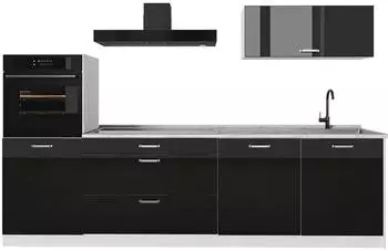 VICCO R-Line K&uuml;chenzeile 280cm, schwarz Hochglanz/wei&szlig;, Arbeitsplatte Marmor (66503)