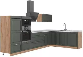 VICCO Fame-Line Eckk&uuml;che gr&uuml;n-gold Landhaus/Goldkraft Eiche, 347x207cm, AP Marmor (63607)