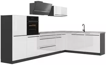VICCO R-Line Eckk&uuml;che wei&szlig; hochglanz/anthrazit, Arbeitsplatte Marmor, 347x143x60cm
